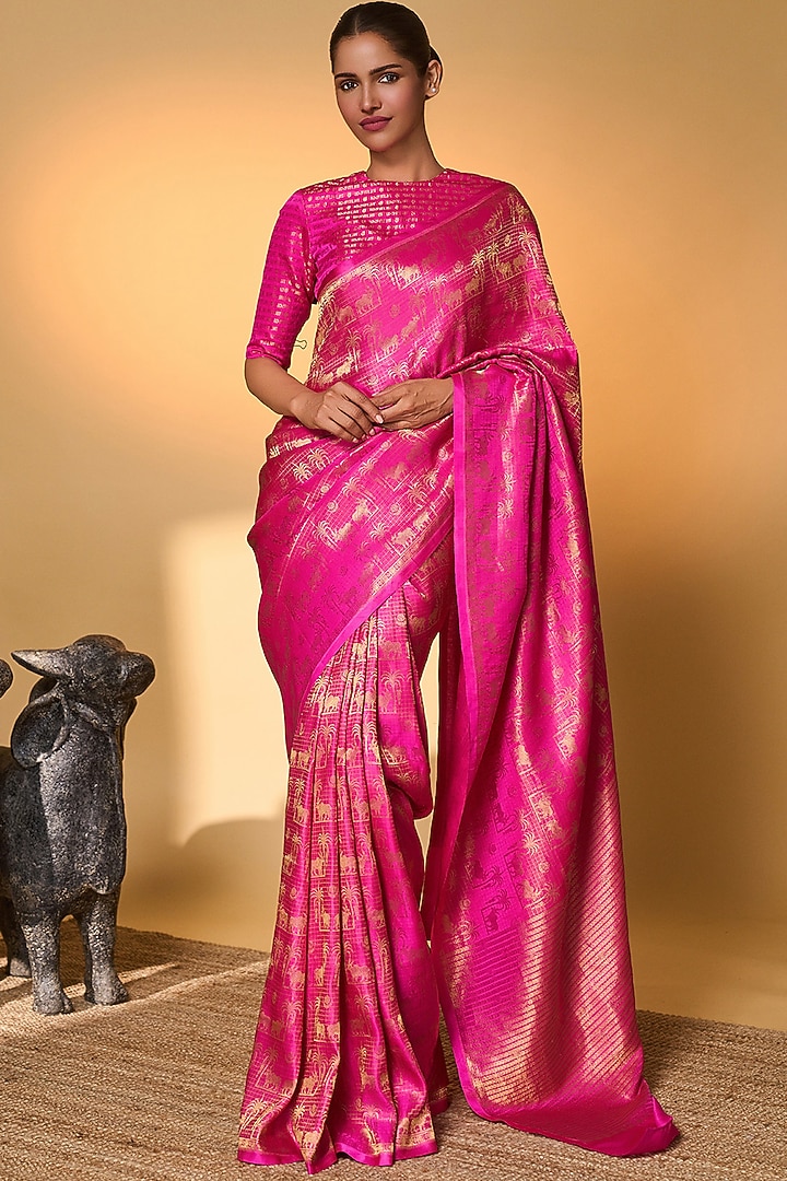 Hot Pink Banarasi Silk Tropical Motif Reception Saree Set by Masaba at Pernia's Pop Up Shop