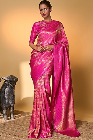 Hot Pink Banarasi Silk Tropical Motif Saree Set by Masaba