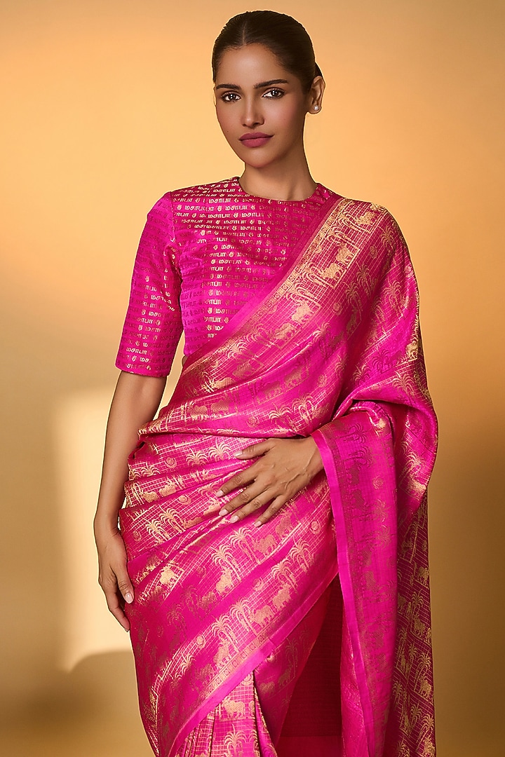 Hot Pink Banarasi Silk Tropical Motif Reception Saree Set by Masaba at Pernia's Pop Up Shop