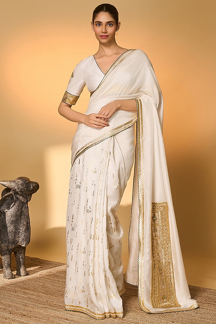 White Raw Silk Foil Embroidered Wedding Saree Set by Masaba at Pernia's Pop Up Shop
