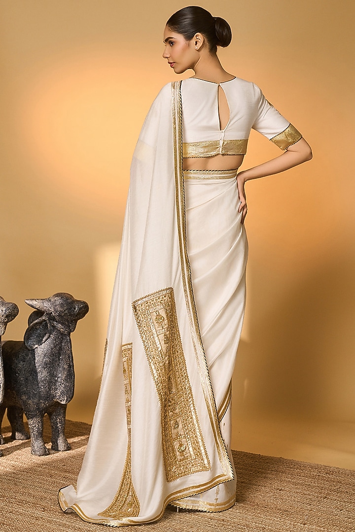 White Raw Silk Foil Embroidered Wedding Saree Set by Masaba at Pernia's Pop Up Shop