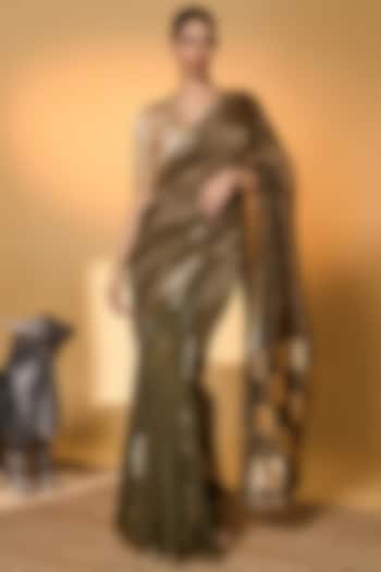 Olive Raw Silk & Zari Striped Tissue Gota Embroidered Wedding Saree Set by Masaba at Pernia's Pop Up Shop