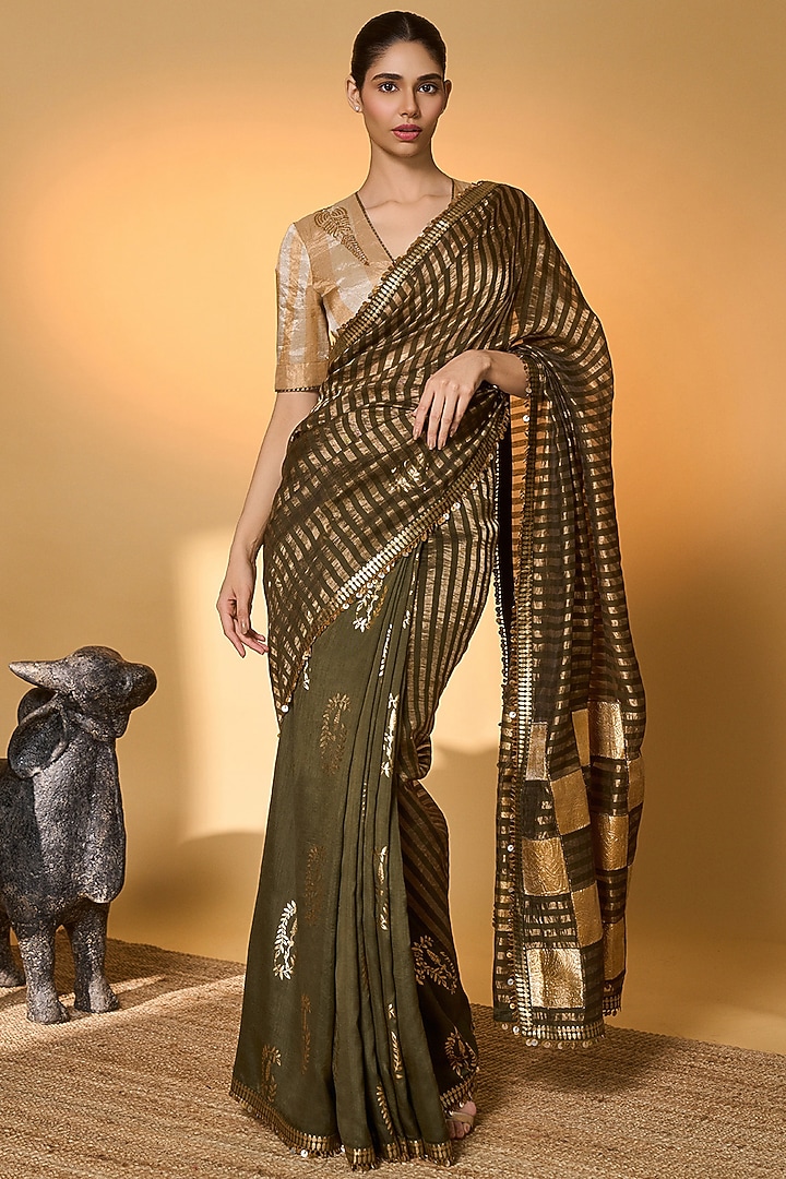 Olive Raw Silk & Zari Striped Tissue Gota Embroidered Wedding Saree Set by Masaba at Pernia's Pop Up Shop