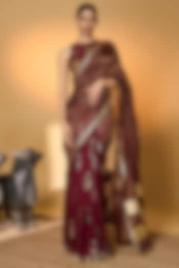 Plum Raw Silk & Zari Striped Tissue Gota Embroidered Wedding Saree Set by Masaba at Pernia's Pop Up Shop