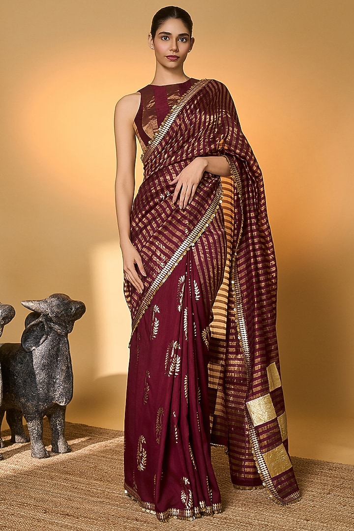 Plum Raw Silk & Zari Striped Tissue Gota Embroidered Wedding Saree Set by Masaba at Pernia's Pop Up Shop