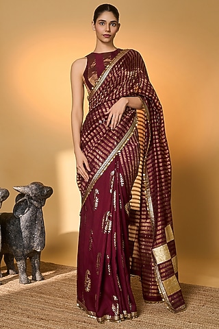 Plum Raw Silk & Zari Striped Tissue Gota Embroidered Saree Set by Masaba