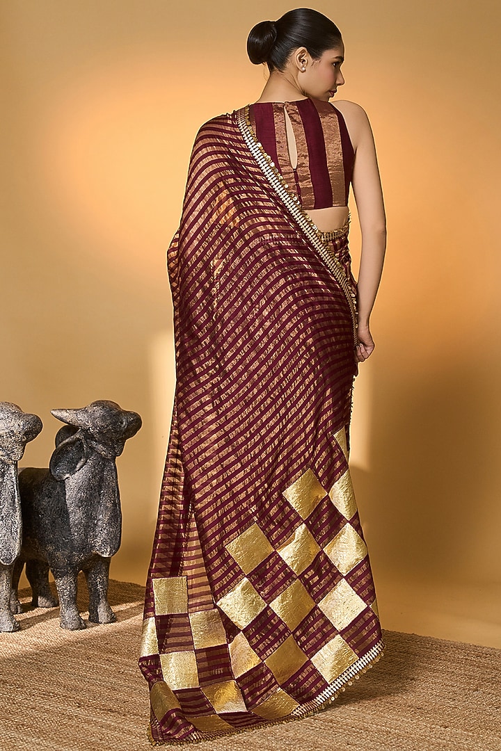 Plum Raw Silk & Zari Striped Tissue Gota Embroidered Wedding Saree Set by Masaba at Pernia's Pop Up Shop