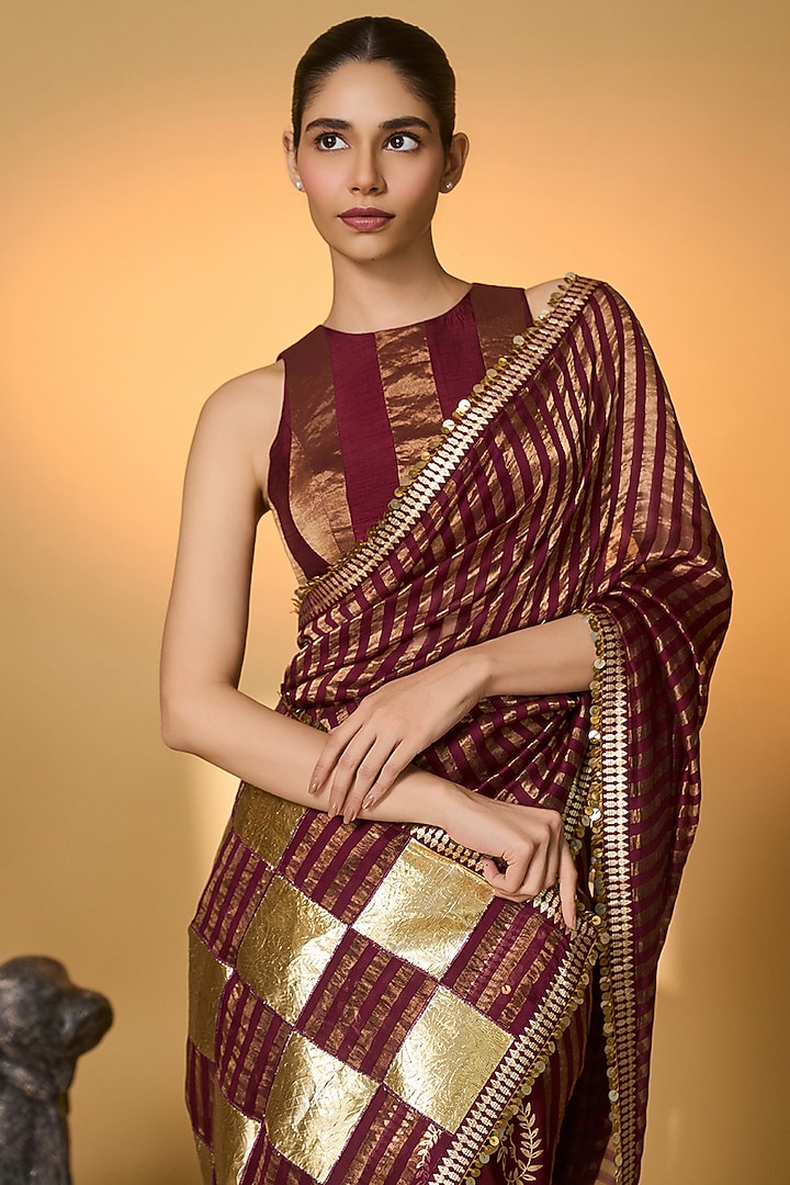 Plum Raw Silk & Zari Striped Tissue Gota Embroidered Wedding Saree Set by Masaba at Pernia's Pop Up Shop