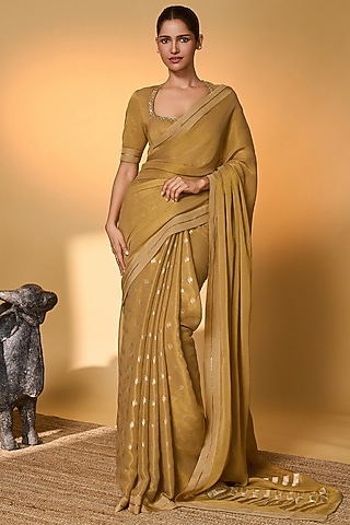 Gold Tissue Silk Gota Embroidered Saree Set by Masaba