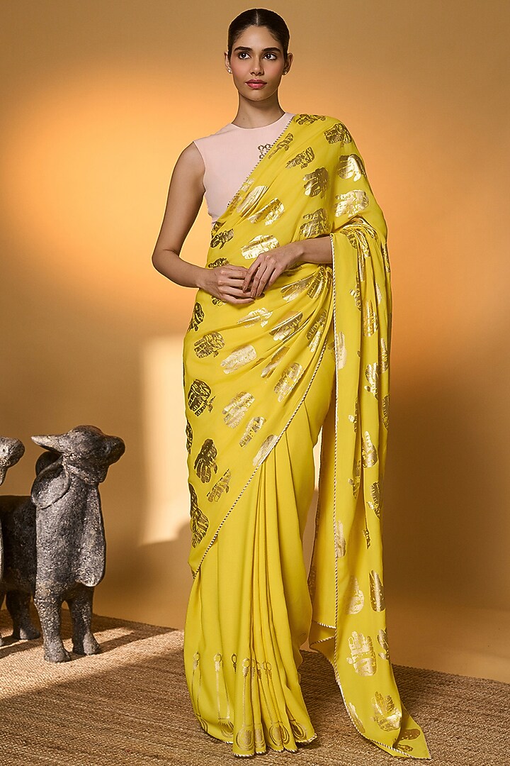 Yellow Crepe Silk Tribal Foil Printed Party Wear Saree Set by Masaba at Pernia's Pop Up Shop