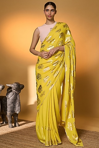 Yellow Crepe Silk Tribal Foil Printed Saree Set by Masaba