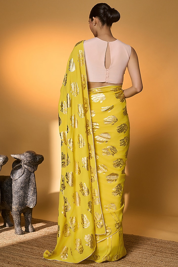 Yellow Crepe Silk Tribal Foil Printed Party Wear Saree Set by Masaba at Pernia's Pop Up Shop