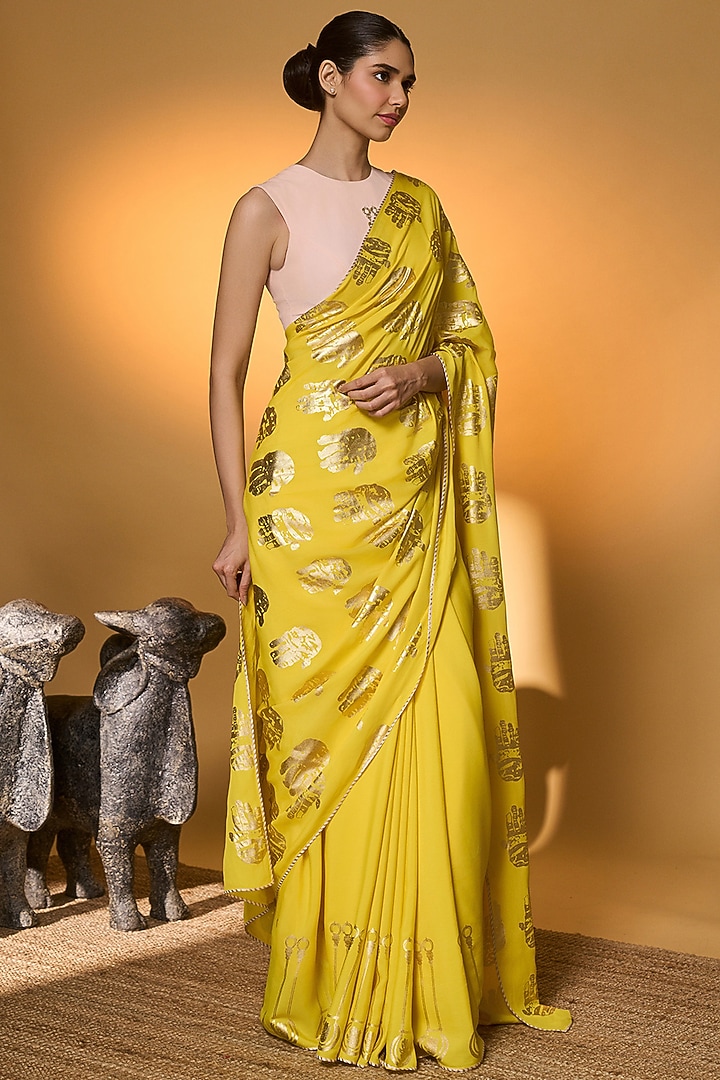 Yellow Crepe Silk Tribal Foil Printed Party Wear Saree Set by Masaba at Pernia's Pop Up Shop
