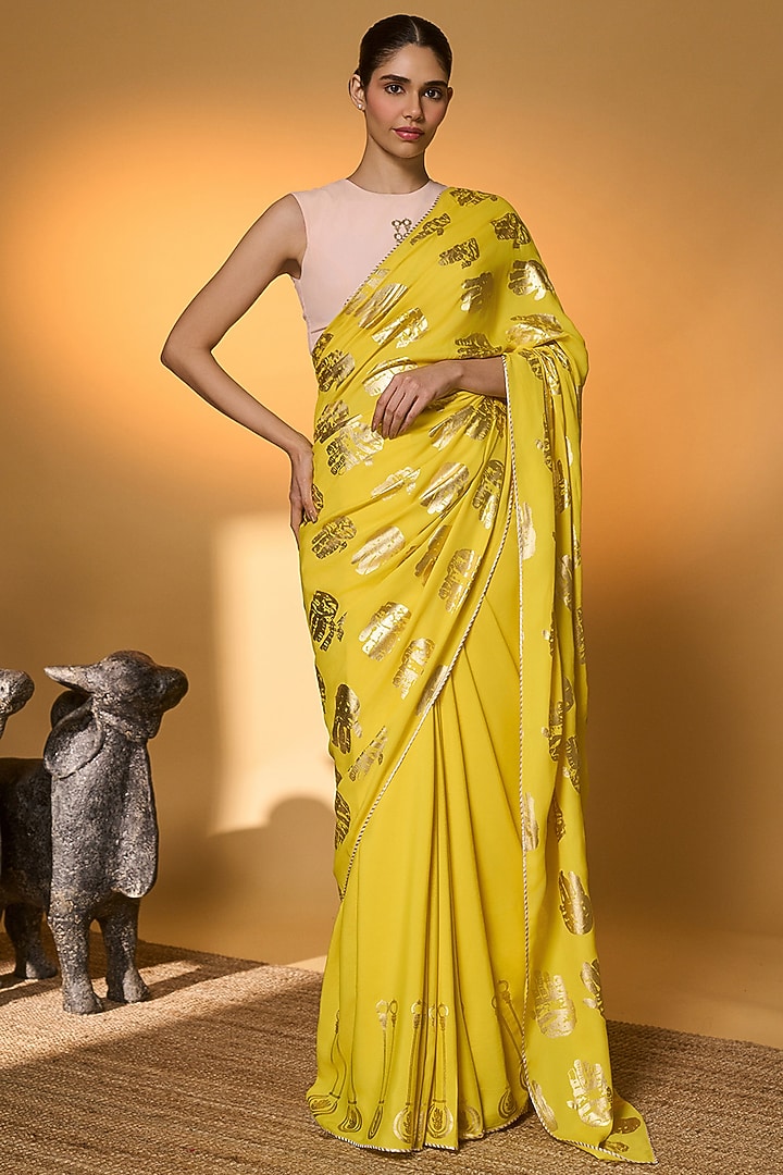 Yellow Crepe Silk Tribal Foil Printed Party Wear Saree Set by Masaba at Pernia's Pop Up Shop