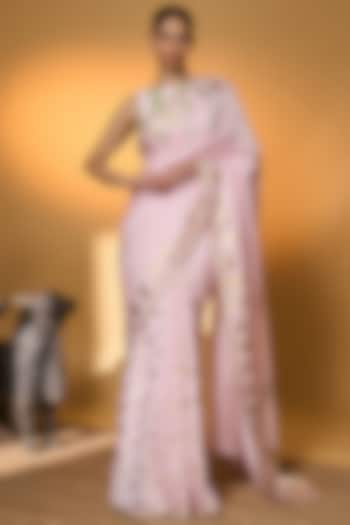 Baby Pink Raw Silk Foil Printed All Charm Wedding Saree Set by Masaba at Pernia's Pop Up Shop