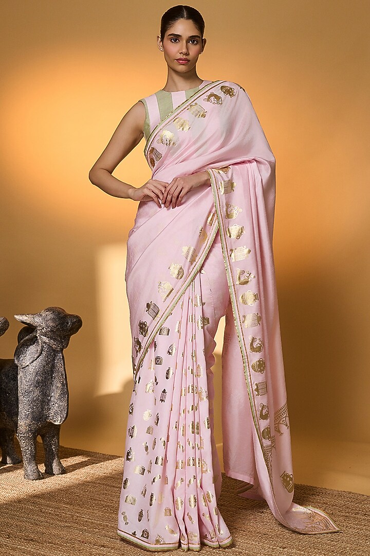 Baby Pink Raw Silk Foil Printed All Charm Wedding Saree Set by Masaba at Pernia's Pop Up Shop