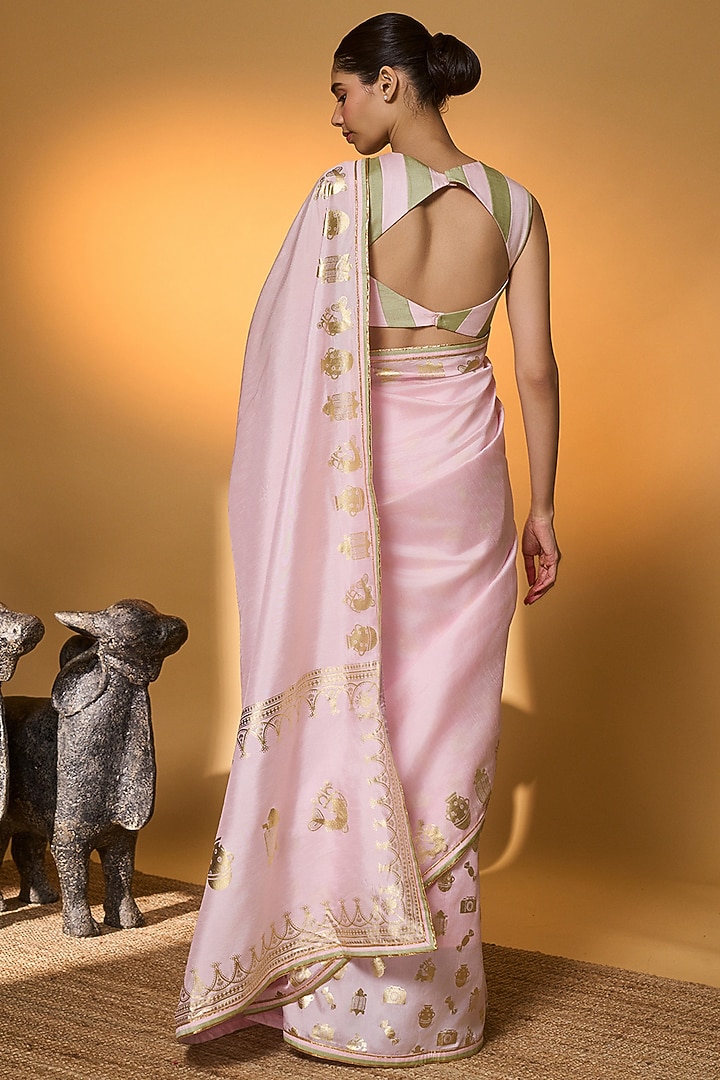 Baby Pink Raw Silk Foil Printed All Charm Wedding Saree Set by Masaba at Pernia's Pop Up Shop