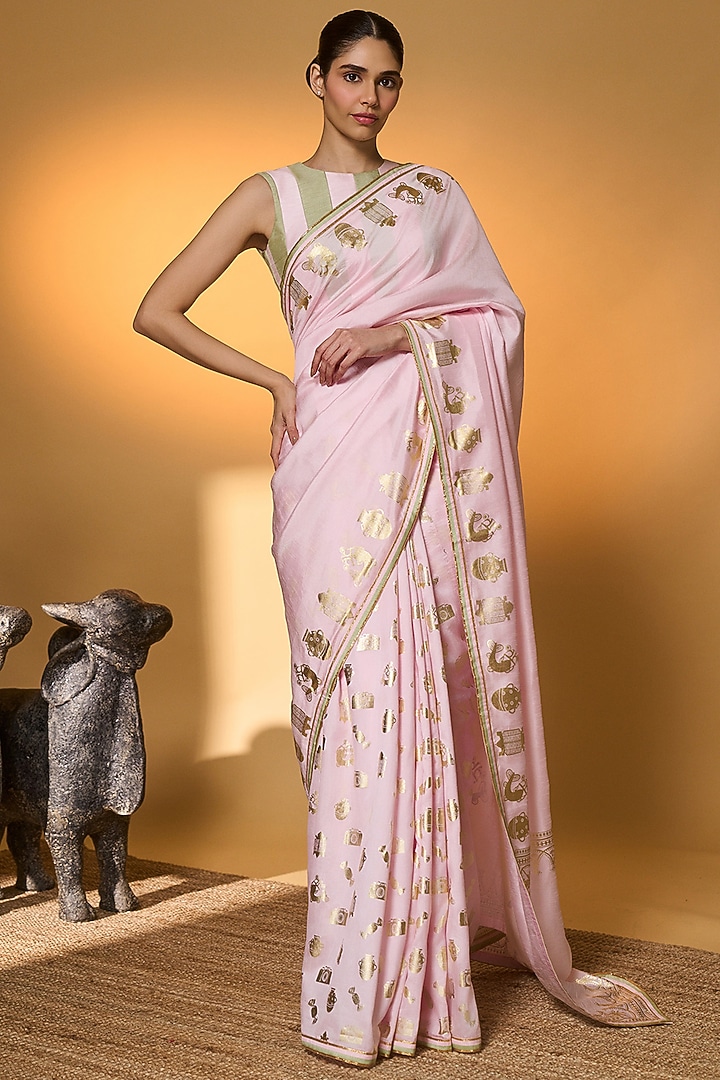Baby Pink Raw Silk Foil Printed All Charm Wedding Saree Set by Masaba at Pernia's Pop Up Shop