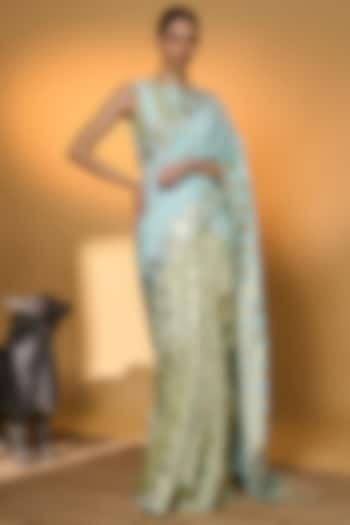Mint Blue Raw Silk Foil Printed All Charm Wedding Saree Set by Masaba at Pernia's Pop Up Shop