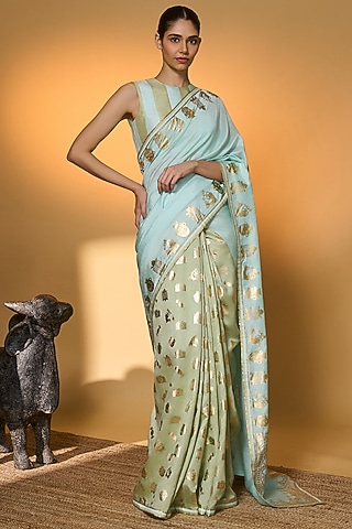 Mint Blue Raw Silk Foil Printed All Charm Saree Set by Masaba