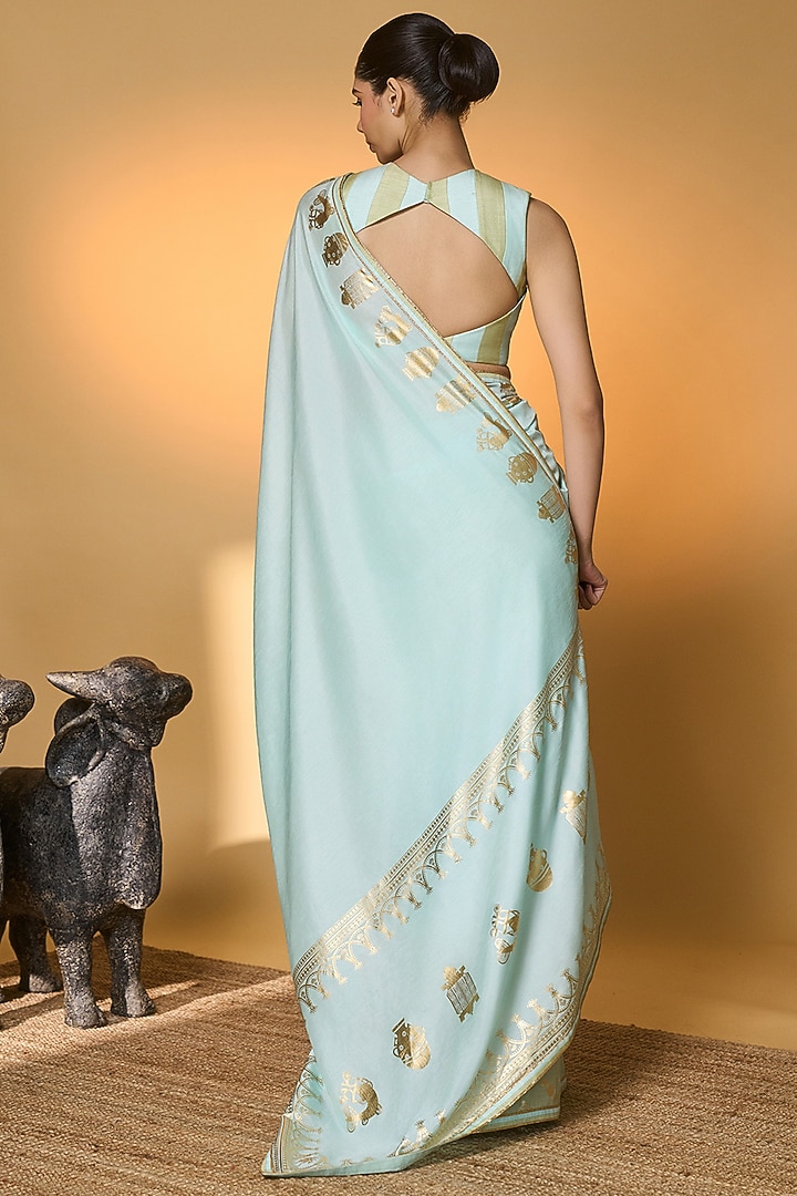 Mint Blue Raw Silk Foil Printed All Charm Wedding Saree Set by Masaba at Pernia's Pop Up Shop