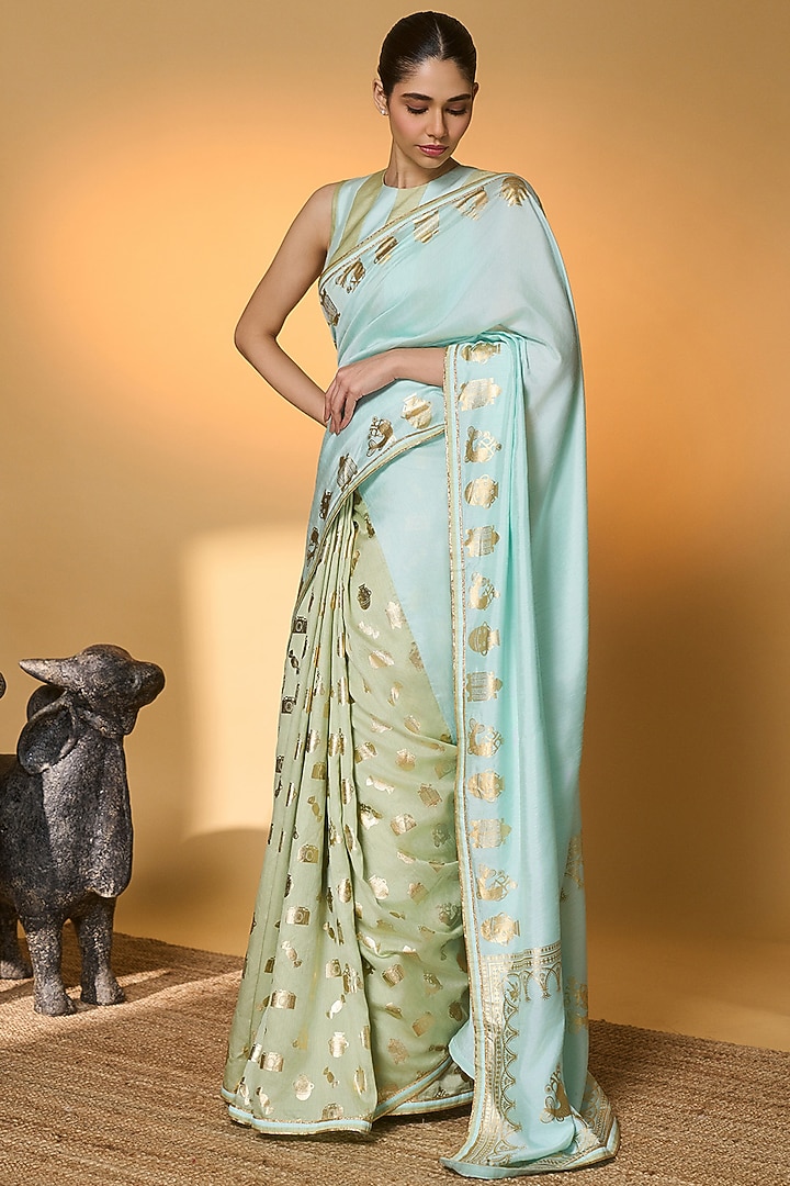 Mint Blue Raw Silk Foil Printed All Charm Wedding Saree Set by Masaba at Pernia's Pop Up Shop