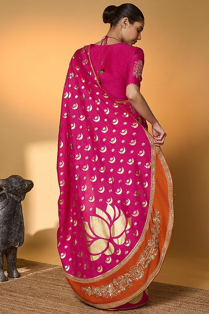 Rani Pink Raw Silk Chand Phool Foil Printed Wedding Saree Set by Masaba at Pernia's Pop Up Shop