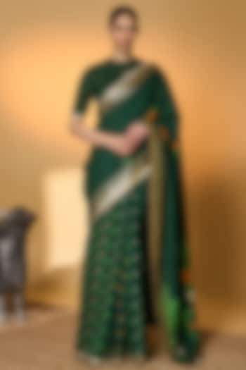 Bottle Green Raw Silk Tropical Foil Printed Wedding Saree Set by Masaba at Pernia's Pop Up Shop