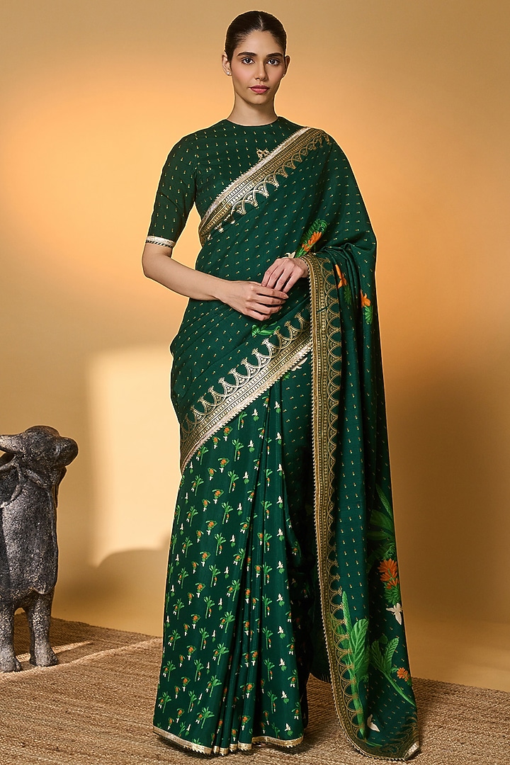 Bottle Green Raw Silk Tropical Foil Printed Wedding Saree Set by Masaba at Pernia's Pop Up Shop