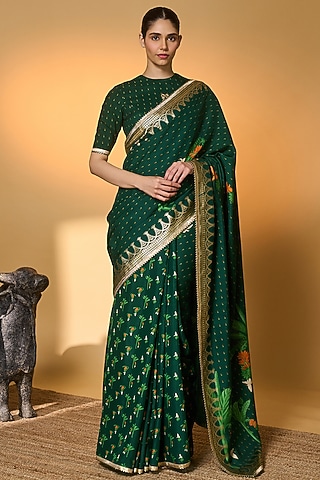 Bottle Green Raw Silk Tropical Foil Printed Saree Set by Masaba