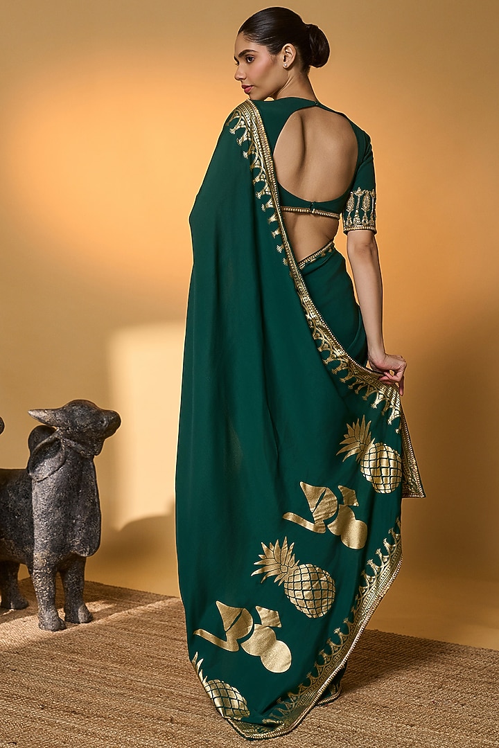Bottle Green Raw Silk Tropical Foil Printed Wedding Saree Set by Masaba at Pernia's Pop Up Shop