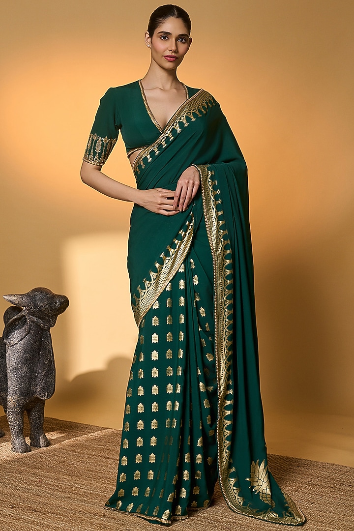Bottle Green Raw Silk Tropical Foil Printed Wedding Saree Set by Masaba at Pernia's Pop Up Shop