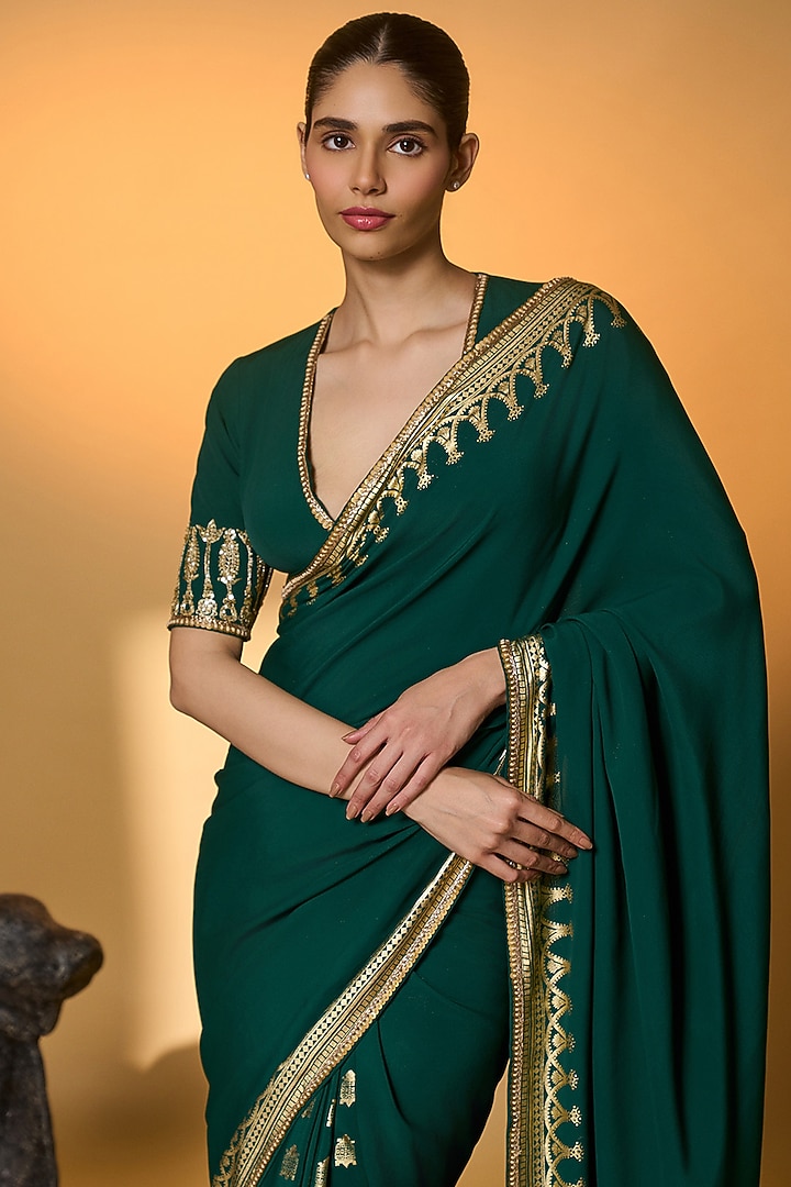 Bottle Green Raw Silk Tropical Foil Printed Wedding Saree Set by Masaba at Pernia's Pop Up Shop