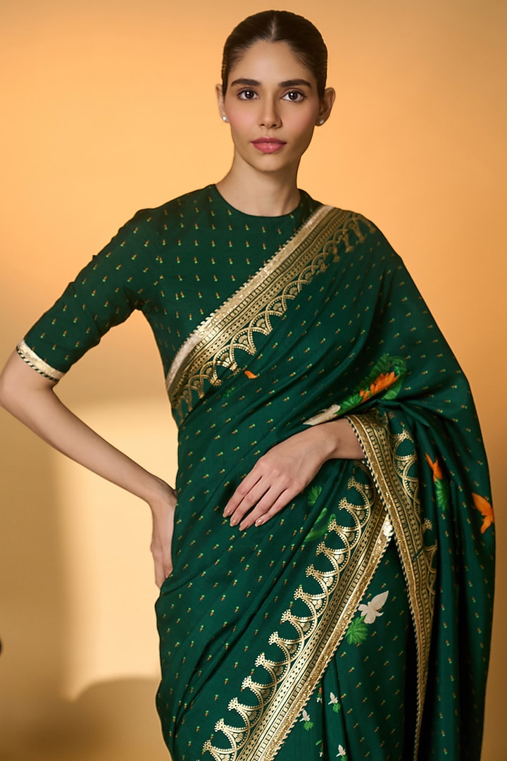 Bottle Green Raw Silk Tropical Foil Printed Wedding Saree Set by Masaba at Pernia's Pop Up Shop