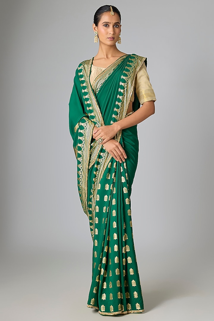 Green Viscose Crepe Wedding Saree Set by Masaba at Pernia's Pop Up Shop