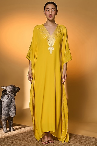 Yellow Crepe Silk Foil Printed Kaftan by Masaba