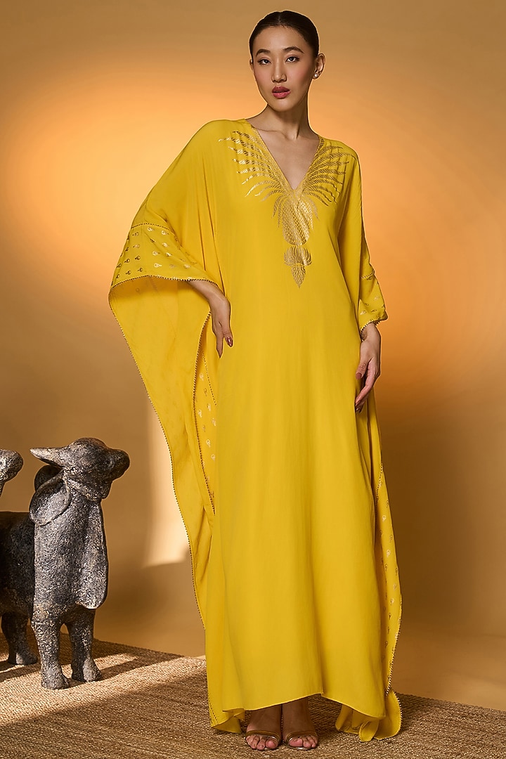 Yellow Crepe Silk Foil Printed Kaftan by Masaba at Pernia's Pop Up Shop