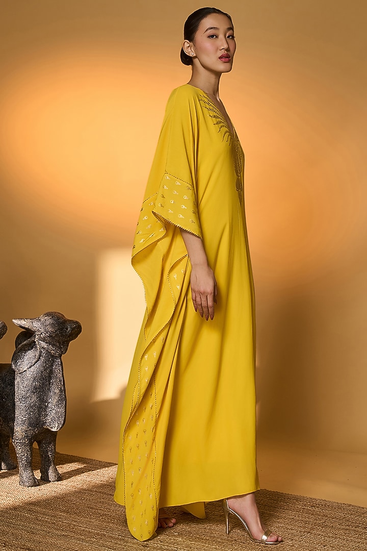 Yellow Crepe Silk Foil Printed Kaftan by Masaba at Pernia's Pop Up Shop
