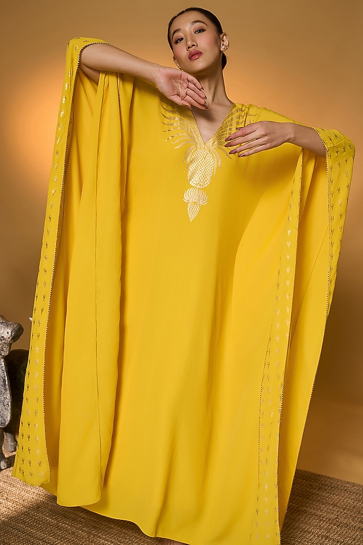 Yellow Crepe Silk Foil Printed Kaftan by Masaba at Pernia's Pop Up Shop