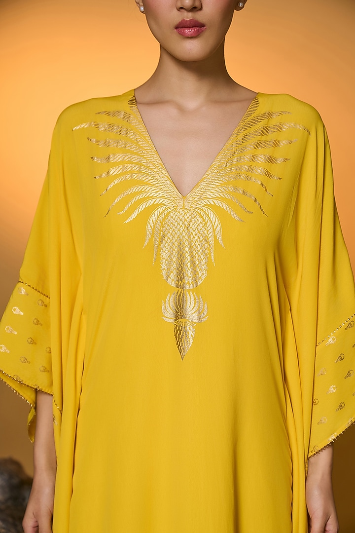 Yellow Crepe Silk Foil Printed Kaftan by Masaba at Pernia's Pop Up Shop
