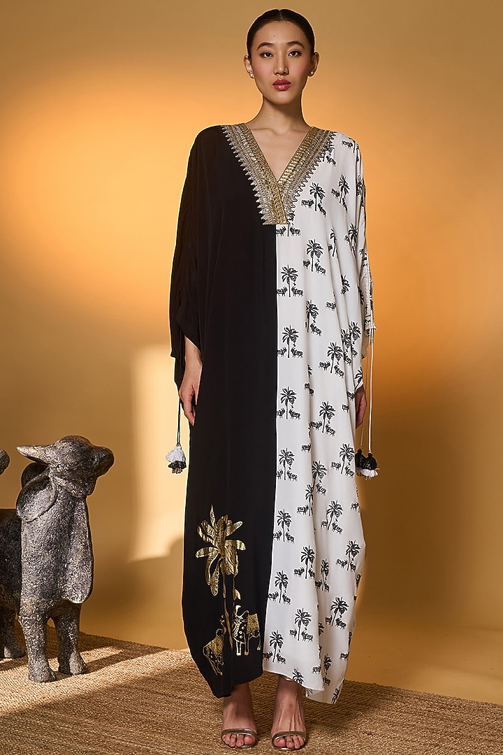 Black & White Crepe Silk Tropical Nandi Foil Printed Kaftan by Masaba at Pernia's Pop Up Shop