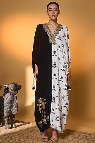 Black & White Crepe Silk Tropical Nandi Foil Printed Kaftan by Masaba