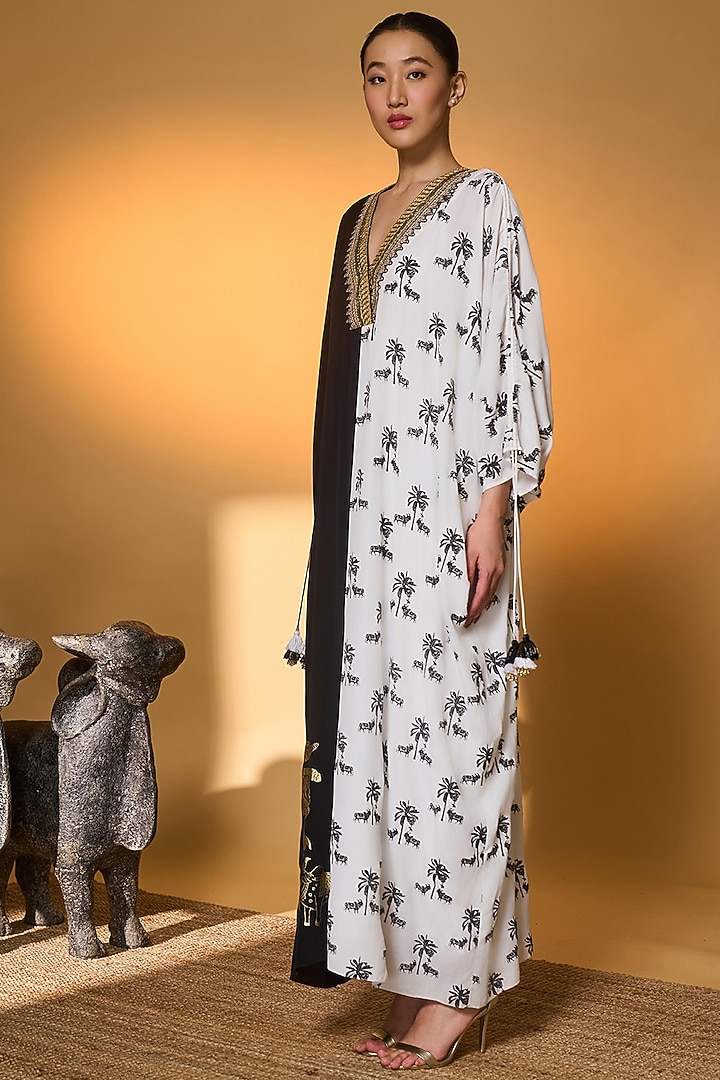 Black & White Crepe Silk Tropical Nandi Foil Printed Kaftan by Masaba at Pernia's Pop Up Shop