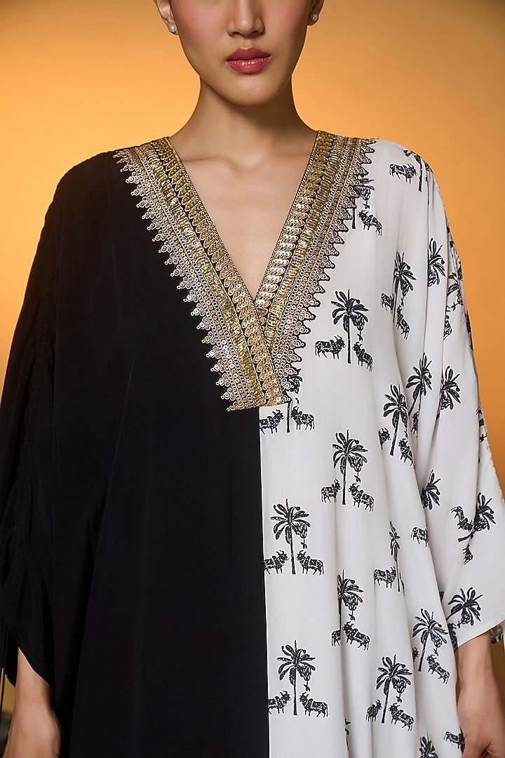 Black & White Crepe Silk Tropical Nandi Foil Printed Kaftan by Masaba at Pernia's Pop Up Shop