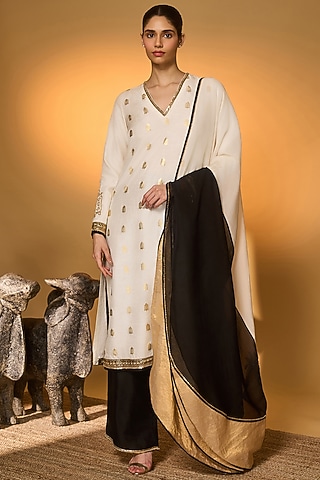 Ivory Raw Silk Embellished & Printed Kurta Set by Masaba
