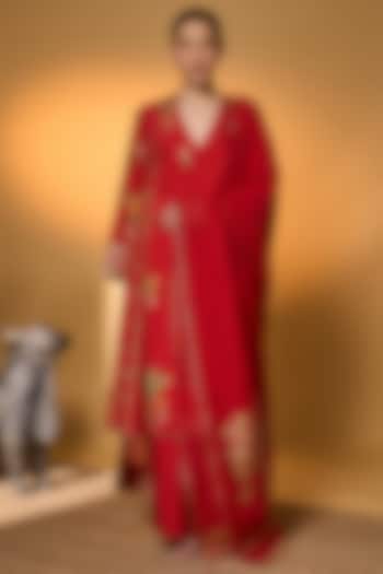 Red Raw Silk Nandi Tropical Digital Printed Kurta Set by Masaba at Pernia's Pop Up Shop