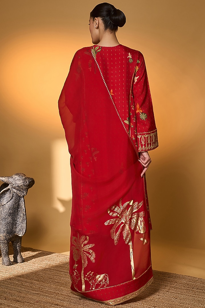 Red Raw Silk Nandi Tropical Digital Printed Kurta Set by Masaba at Pernia's Pop Up Shop