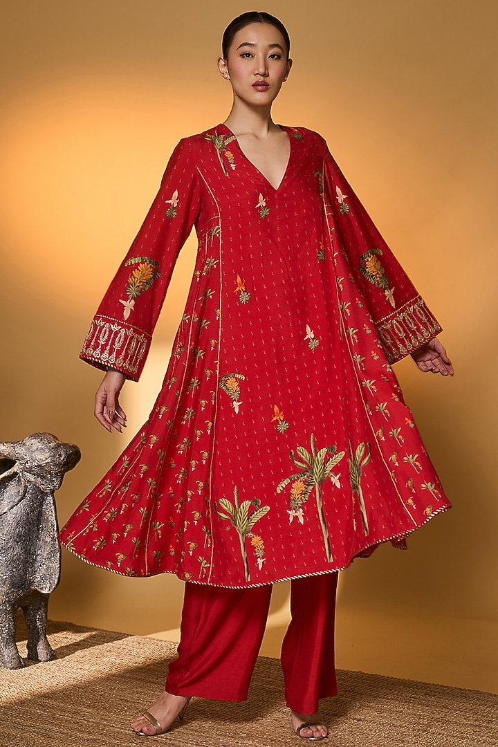 Red Raw Silk Nandi Tropical Digital Printed Kurta Set by Masaba at Pernia's Pop Up Shop
