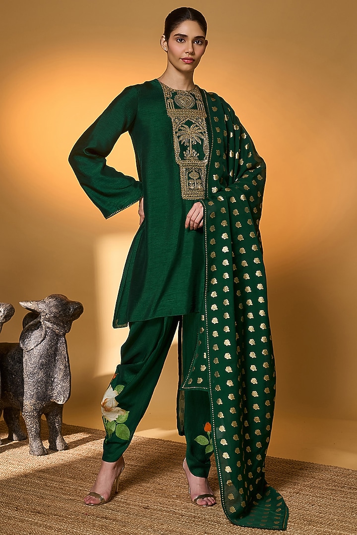 Bottle Green Raw Silk Embroidered Kurta Set by Masaba at Pernia's Pop Up Shop