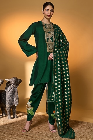 Bottle Green Raw Silk Embroidered Kurta Set by Masaba